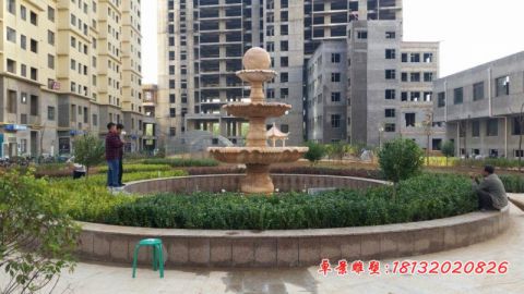 晚霞红三层风水球小区喷泉石雕
