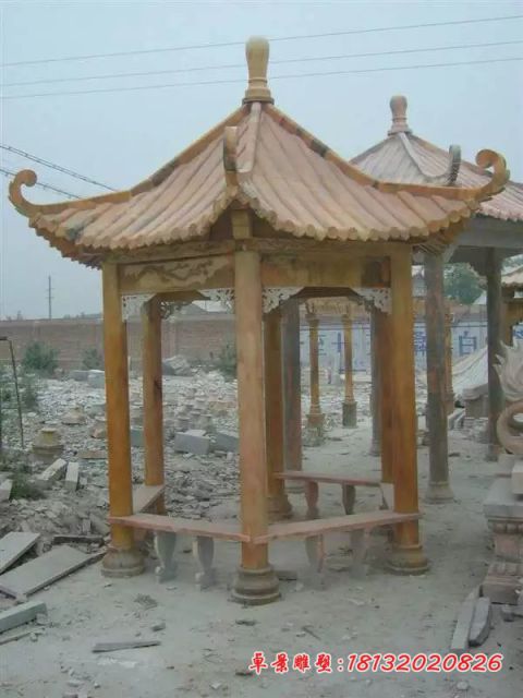 晚霞红六角凉亭公园石凉亭