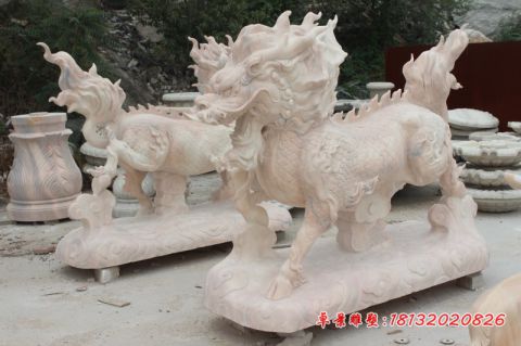 晚霞红立式麒麟古代神兽石雕