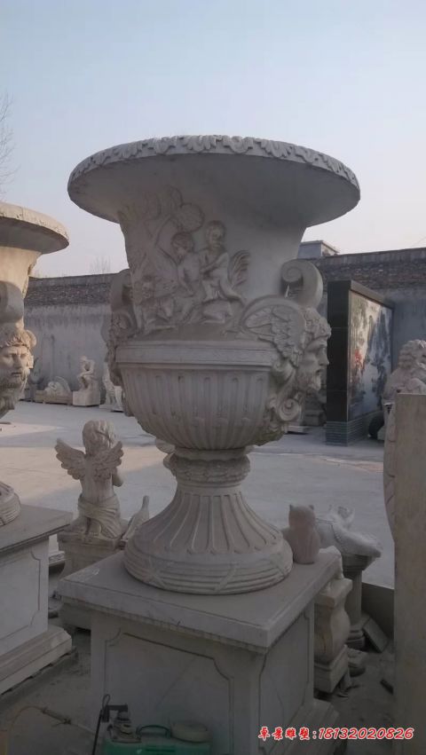 汉白玉西方人物浮雕花盆雕塑