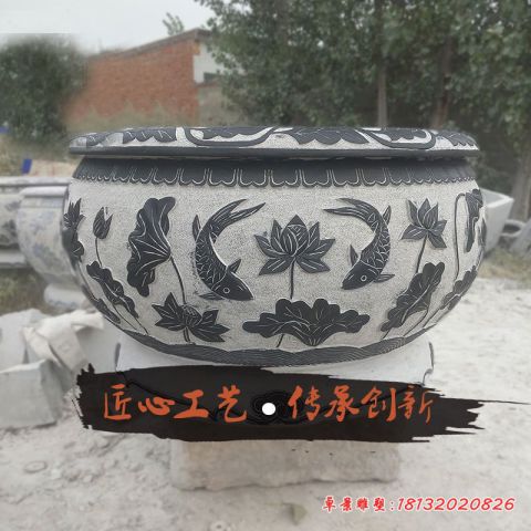 石雕荷花鲤鱼浮雕水缸