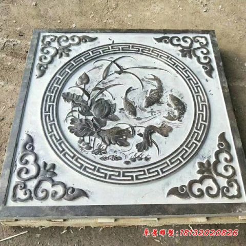 青石荷花鲤鱼壁画石浮雕