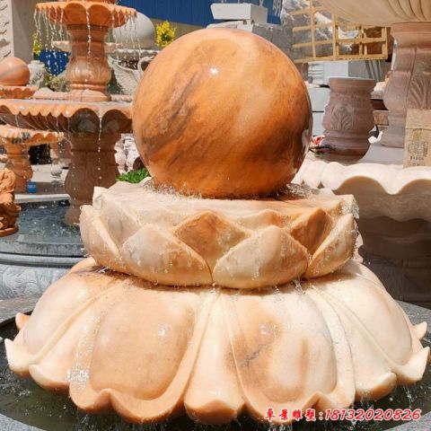 晚霞红石雕风水球喷泉