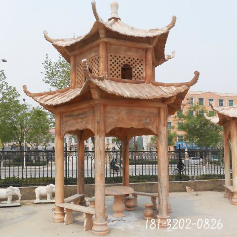 晚霞红建筑六角凉亭雕塑